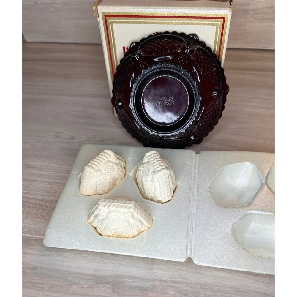 Avon Vintage Cape Cod Dessert Bowl Set Ruby Red Glass With Soaps 1876 Collection